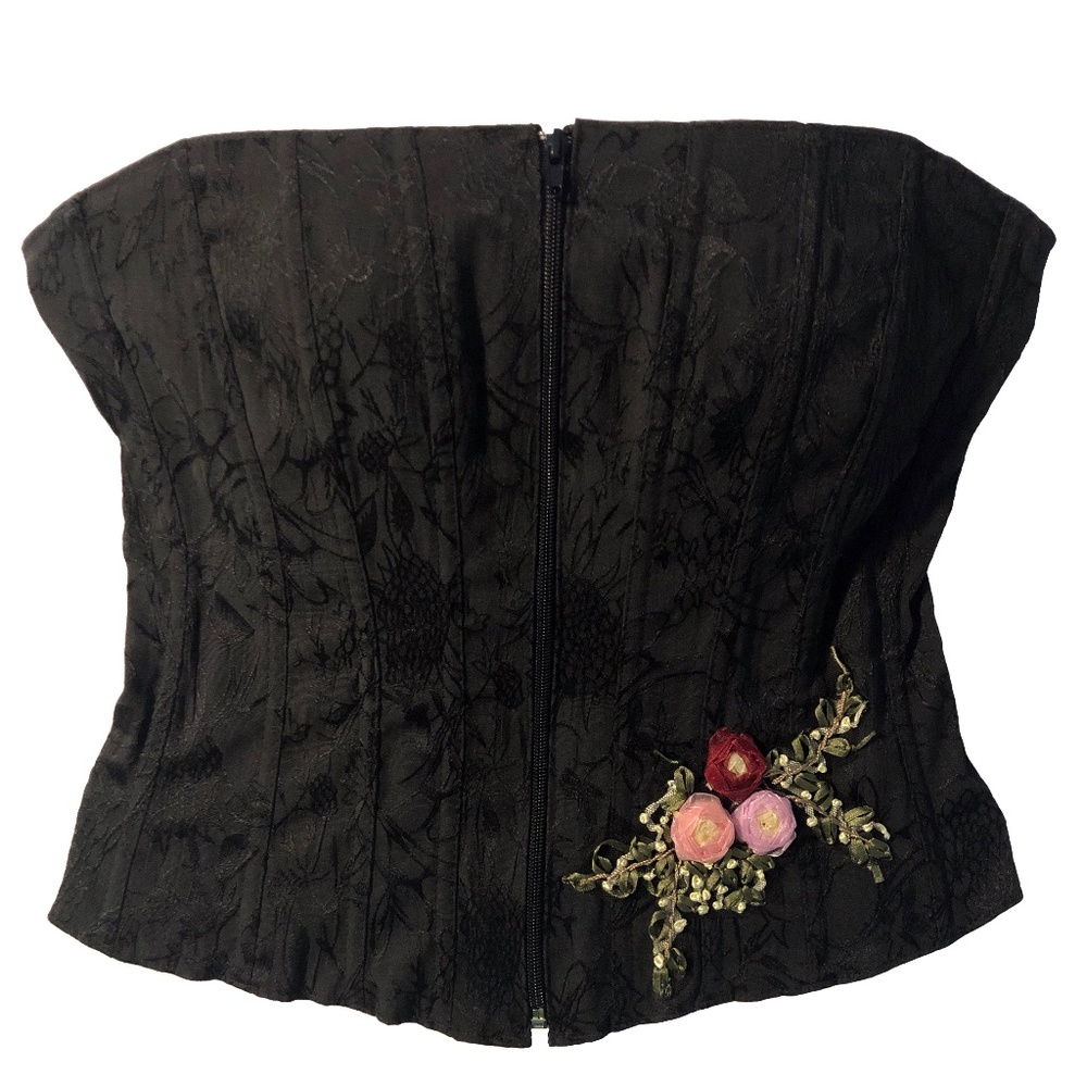 VIntage Style Strapless Bustier | Corset | Bandeau, Black, Ribbon Work Appliqué